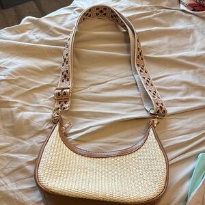 Stylish Tan and Cream Pleather and Woven Women's Bag